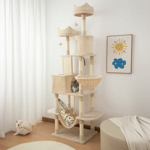 Large 206cm Cat Tree with Scratching Posts, Cabins, Beds, Hammocks, Beige