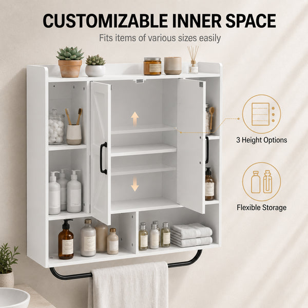 Bathroom wall cabinet with adjustable shelf and towel rack, white