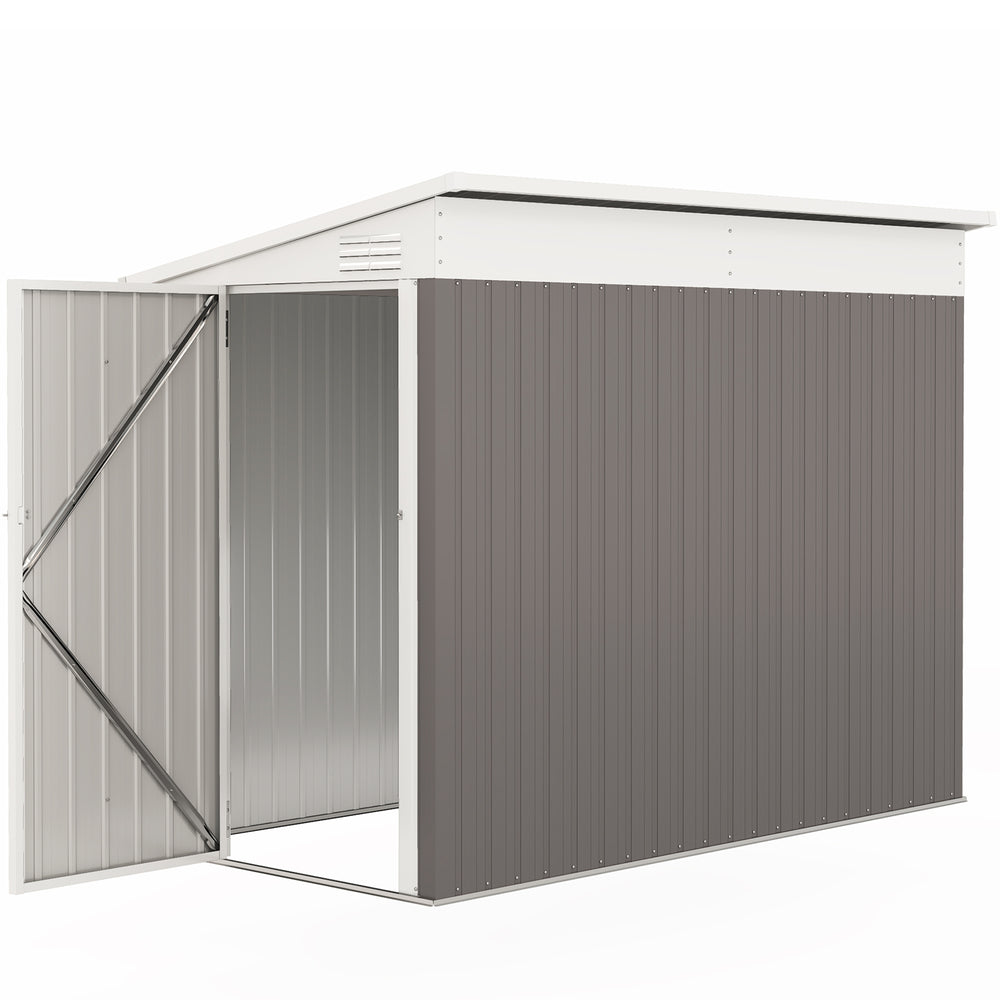 Lean-to metal garden shed with lockable door and ventilation, light grey