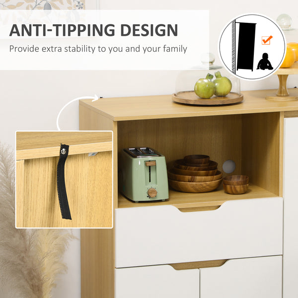 Modern microwave cabinet with drawer, storage, and cable management for kitchen and dining room, white.