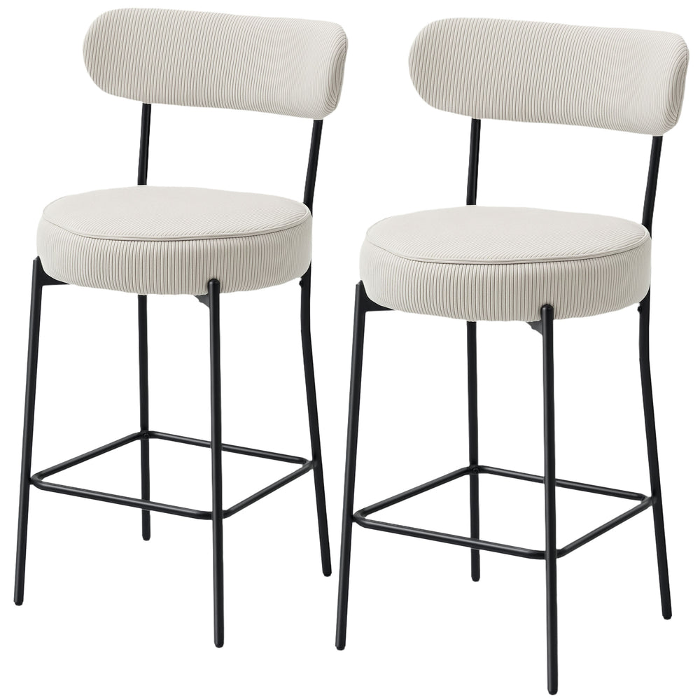 Set of 2 padded bar stools in corduroy, cream white