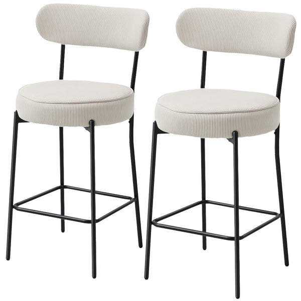 Set of 2 padded bar stools in corduroy, cream white