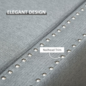 Folding storage bench upholstered in fabric, light gray