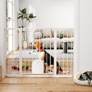 Extra Wide Pet Gate 30-52" with Small Door, Pressure Mount for Stairs, White