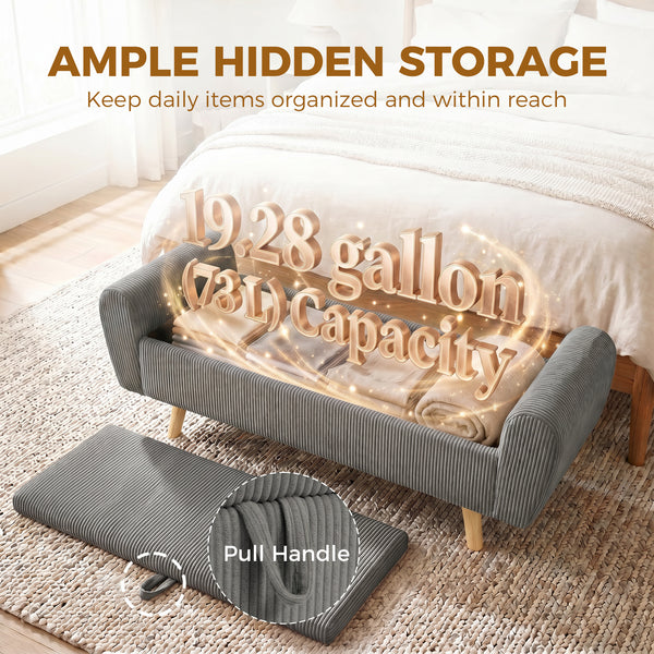 59" Corduroy Storage Bench, Dark Gray