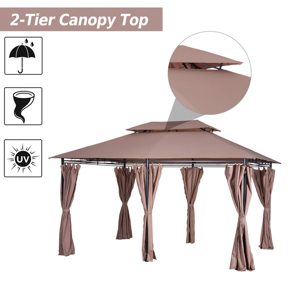 10' x 13' Patio Gazebo, Outdoor 2-Tiers Garden Canopy Yard Sunshade Shelter with Curtains, Khaki