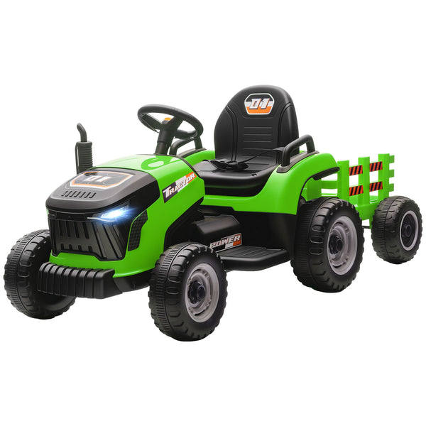 Green 12V tractor with trailer, remote control, music, lights, gear lever