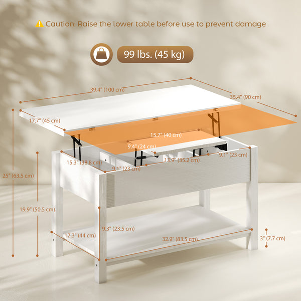 Lift-top extendable coffee table with double surface and integrated storage, white