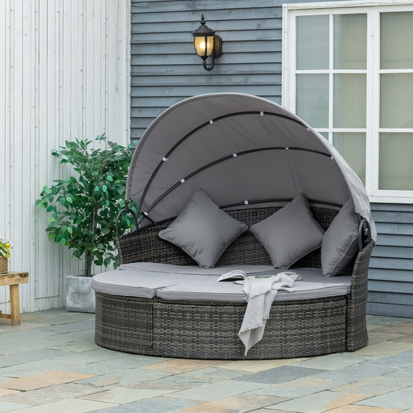 2 Piece Outdoor Rattan Chaise Lounge with Retractable Canopy with Cushions and Pillows, Grey Melange