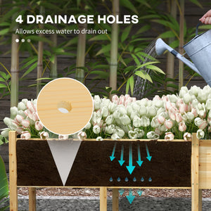 Raised wooden garden bed with legs, liner and drainage holes, 225.5 cm x 55 cm x 79 cm
