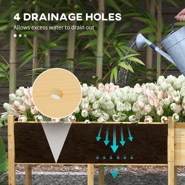 Raised wooden garden bed with legs, liner and drainage holes, 225.5 cm x 55 cm x 79 cm