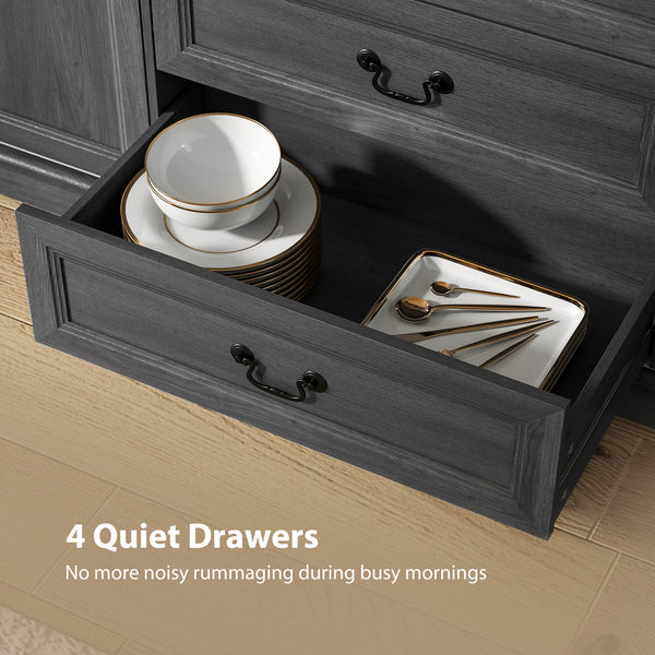 Farmhouse-style buffet with charging station, 4 drawers and 2 doors, black