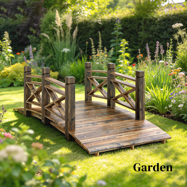 Charred wooden arch bridge with safety railings