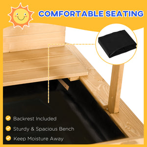 Wooden sandbox with cover, folding benches and adjustable canopy, light brown