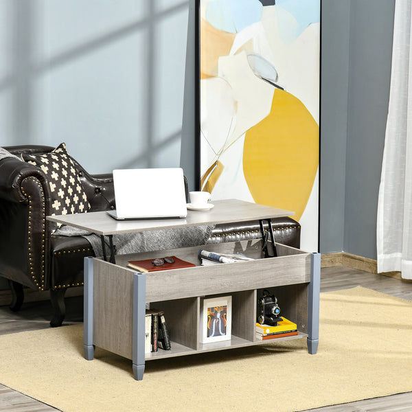 Lift-up coffee table with hidden compartment and 3 lower shelves, grey
