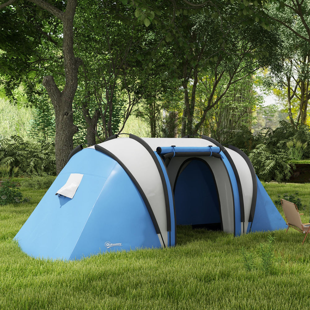 Camping tent with 2 rooms and a living area, 3000 mm waterproof, blue/grey