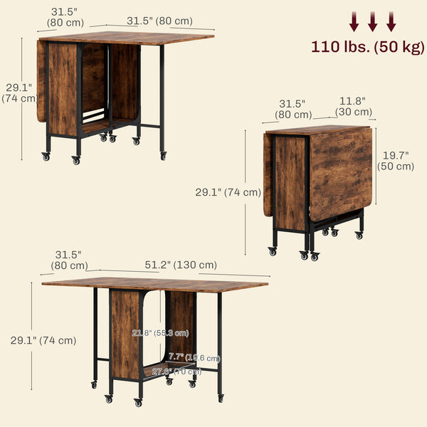 Folding dining table with storage shelf, rustic brown