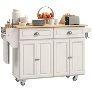 Cream-white mobile kitchen island with fold-down solid wood countertop and storage