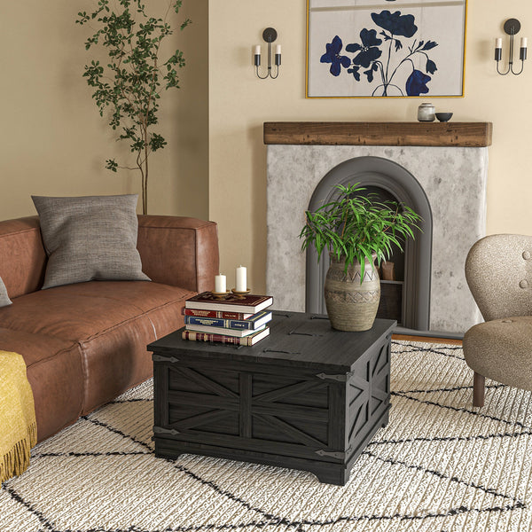 Farmhouse Coffee Table with Flip-Top Lids, Black