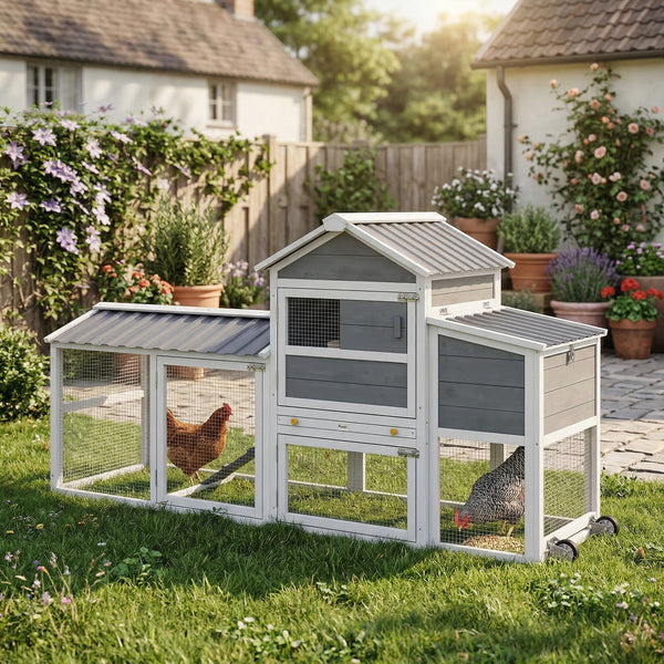 Mobile chicken coop on wheels with wooden run, nesting box, tray and access ramp