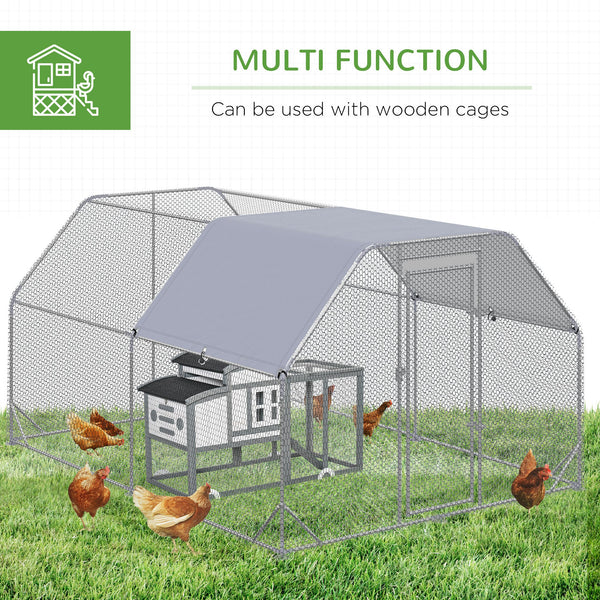Galvanized metal chicken coop with flat roof and tarp