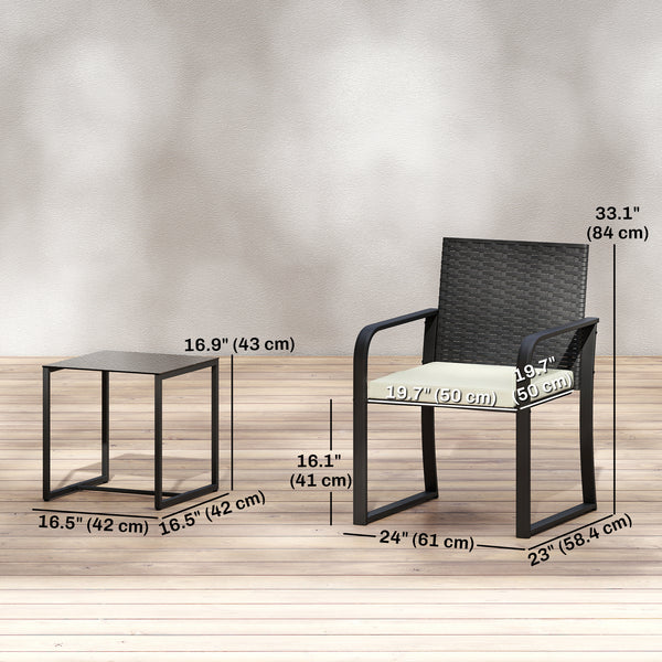 3-Piece Outdoor Wicker Bistro Set with Mesh Seating, Glass Top Table, and Cushions, Cream