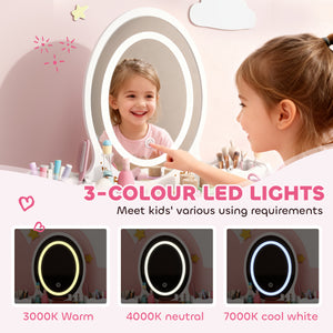 Children's dressing table with mirror, stool and 3-color LED lights, white