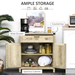 Farmhouse-style kitchen buffet with 2 rustic barn doors and a drawer, in oak