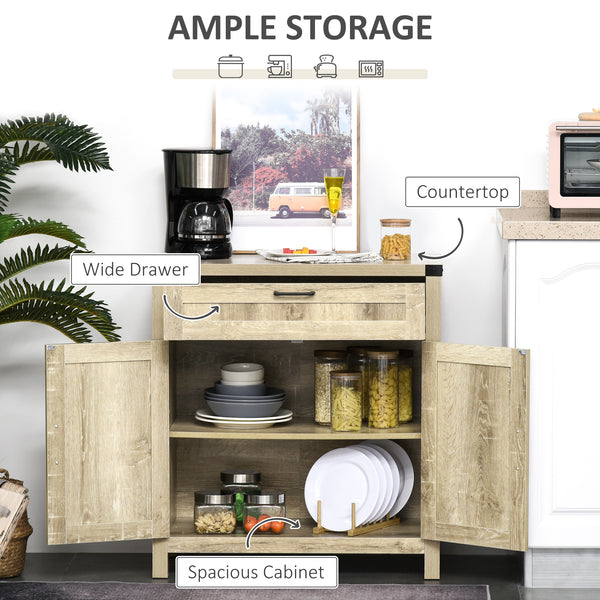 Farmhouse-style kitchen buffet with 2 rustic barn doors and a drawer, in oak
