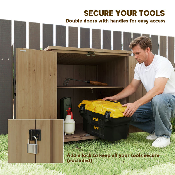 Natural wood garden shed with shelf and double door