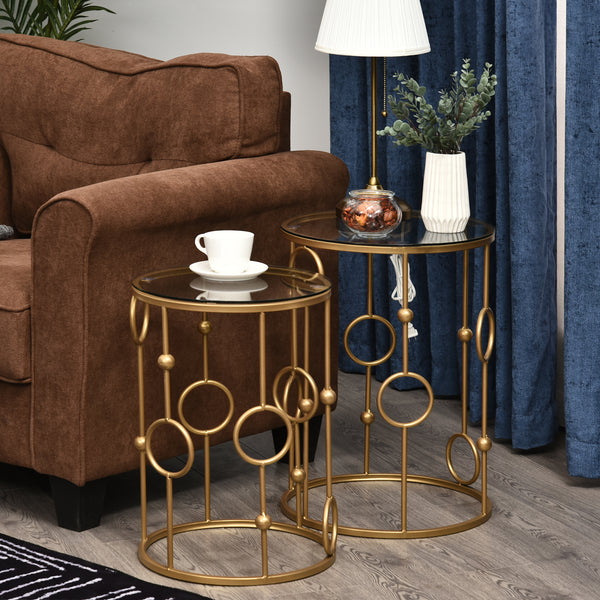 Set of 2 round gold coffee tables with tempered glass top