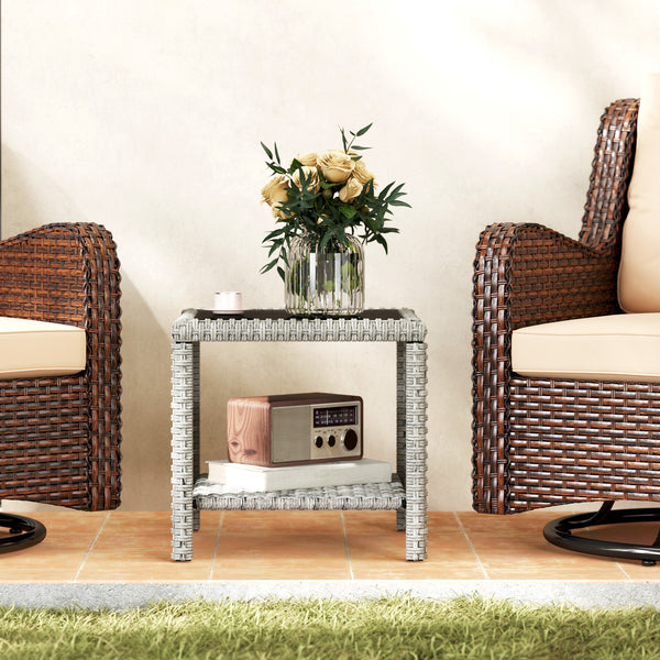 48cm Outdoor Wicker Coffee Table with Glass Top and Storage Shelf for Garden, Porch, Balcony, Patio, Dark Grey