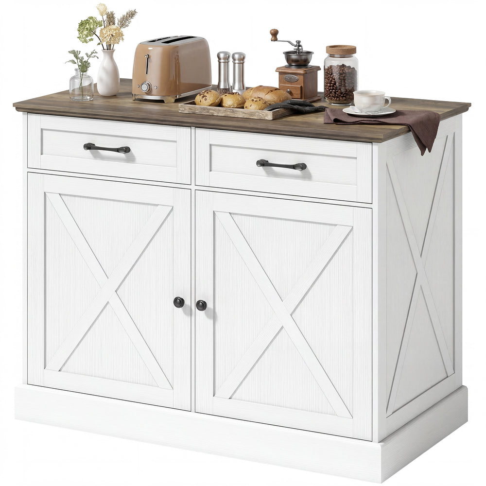 Kitchen Island with Seating, with 2 Drawers and 2 Adjustable Shelves for Dining Room, White