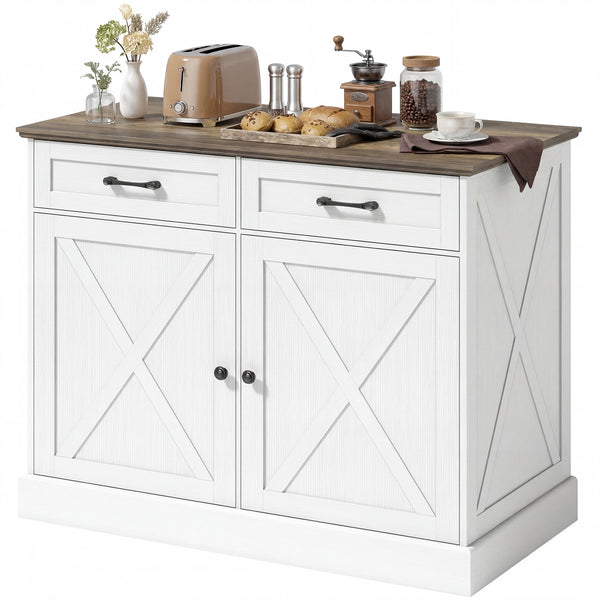 Kitchen Island with Seating, with 2 Drawers and 2 Adjustable Shelves for Dining Room, White