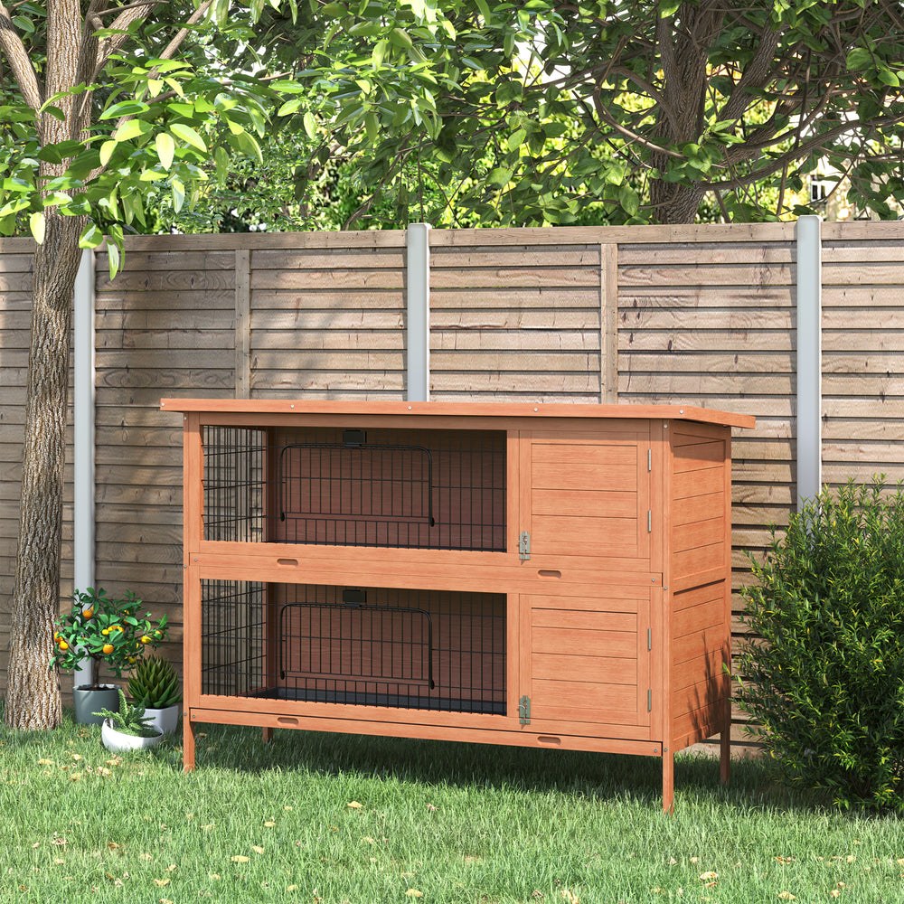 Large Wooden Pet Hutch with Locking Doors, Leak-Proof Tray and Waterproof Roof, Orange