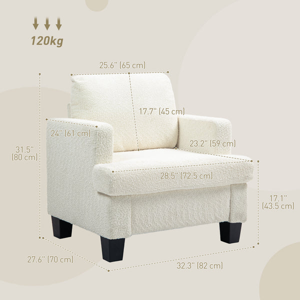 Modern chenille upholstered armchair with wooden frame and back cushion, cream white