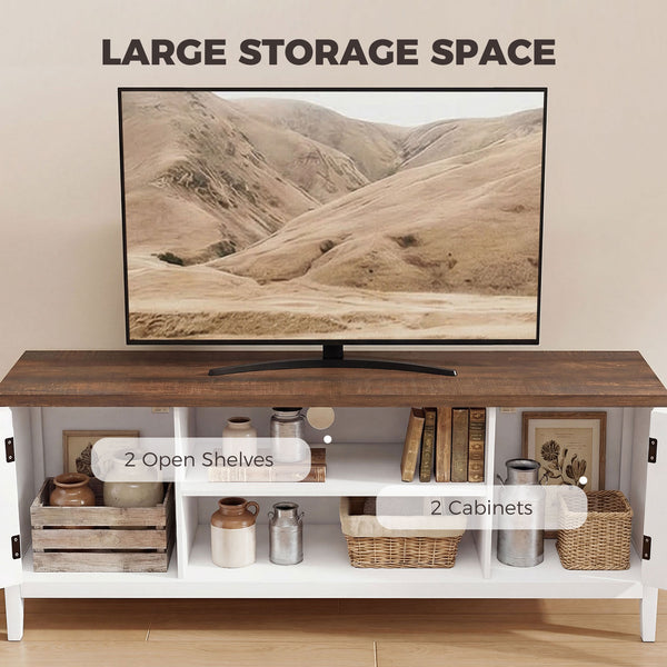 TV stand for up to 55-inch TVs with 2 open shelves, 2 cupboards, thick top, white and brown