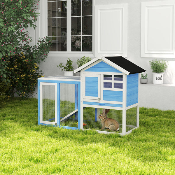 49" Wooden Hutch with Slanted Roof and Run, Light Blue