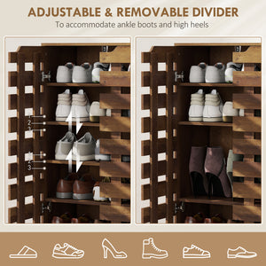 Shoe cabinet for 20 pairs of shoes with slatted doors, aged brown