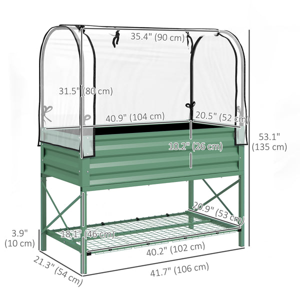 Raised planter with lid, bottom shelf and liner, green