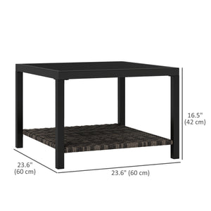 Outdoor coffee table with tempered glass top and storage shelf, black