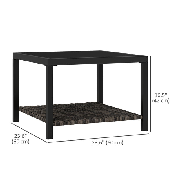 Outdoor coffee table with tempered glass top and storage shelf, black