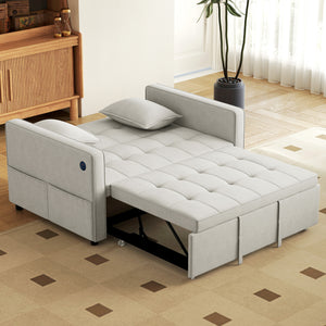 3-in-1 Convertible Sofa Bed, Pull Out Sleeper Sofa with USB Charging, Adjustable Backrest, Side Pockets, Beige