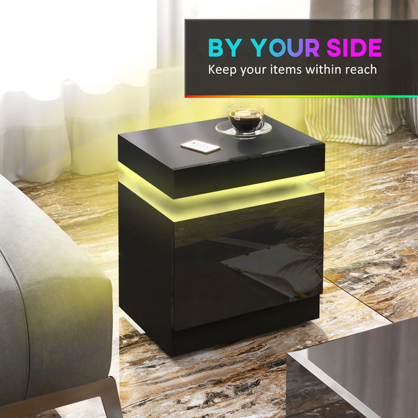 Bedside table with LED lighting and 2 drawers, black