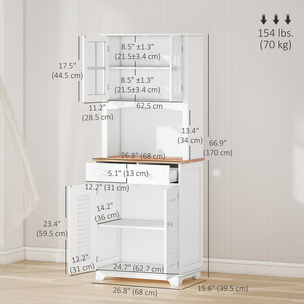 Coastal style kitchen sideboard and display cabinet with framed glass door, louvered drawers, white.