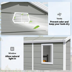 Plastic garden shed with latch door, ventilation, sloping roof, light grey