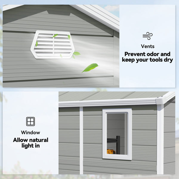 Plastic garden shed with latch door, ventilation, sloping roof, light grey