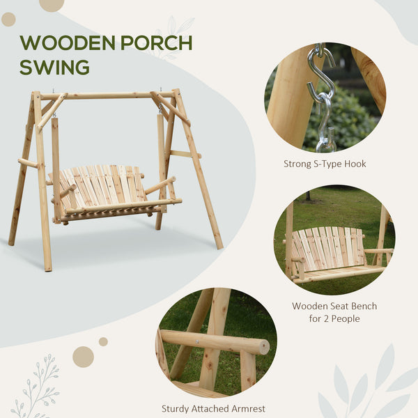 Freestanding 6.5' Wooden Loveseat Traditional Farmhouse Style Log Swing Natural Wood