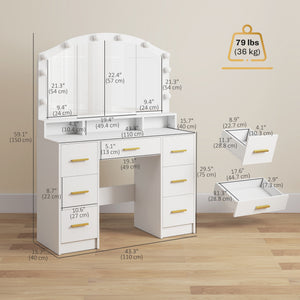 Dressing table with mirror and 10 LED lights, 3 adjustable colors, 7 drawers, 3 compartments, white