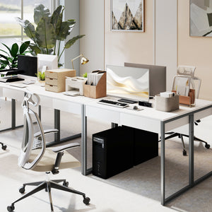 Glossy Computer Desk with 2 Drawers for Small Spaces, White and Grey